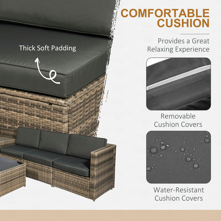 8 Pieces Outdoor PE Rattan Sofa Set with Cushions, Patio Garden Furniture Sets with Glass Top Coffee Table, Storage Corner Table, Mixed Brown