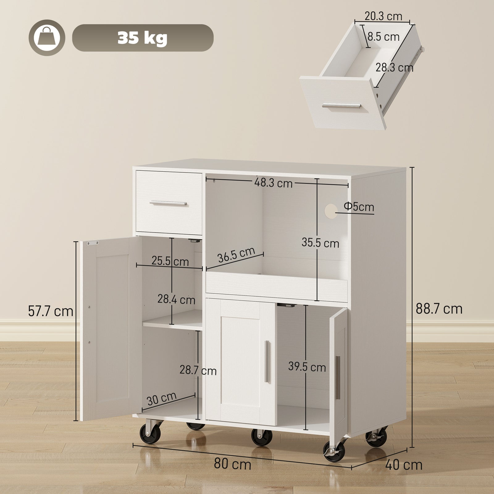 Rolling Kitchen Cart, Microwave Cabinet with Sliding Tray, Drawer, 3-D