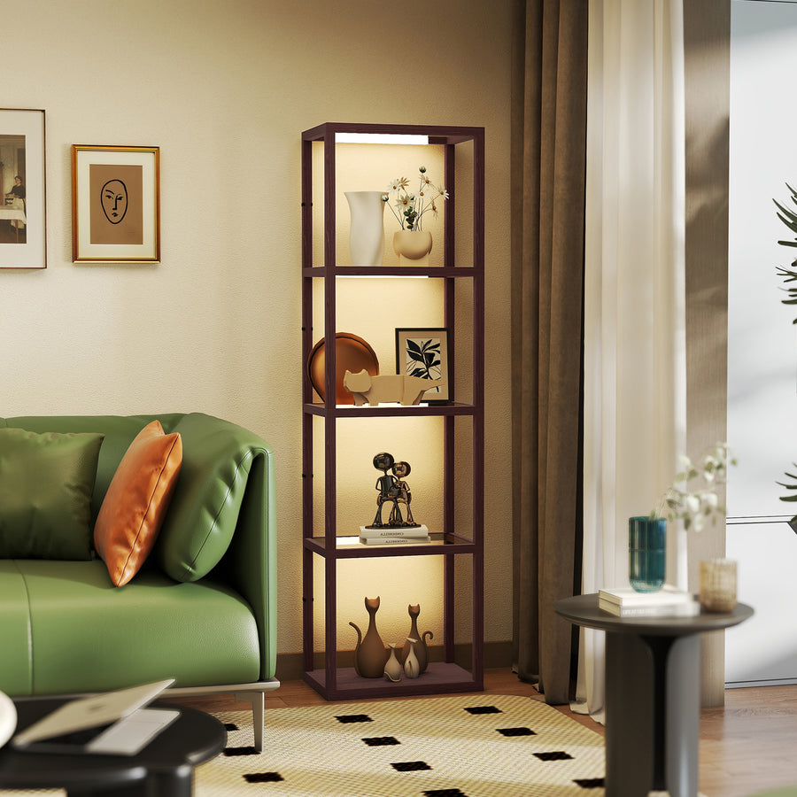LED Floor Lamp with Glass Shelves, 4 Layers Dimmable Tall Standing Lamp, Modern Column Shelf Floor Light for Living Room, Bedroom, Office, Dark Brown