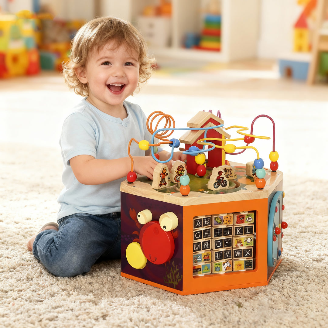 MCL 8 in 1 Wooden Activity Cube with Bead Maze, Shape Sorter, for Kids Boys Girls 18+ Months