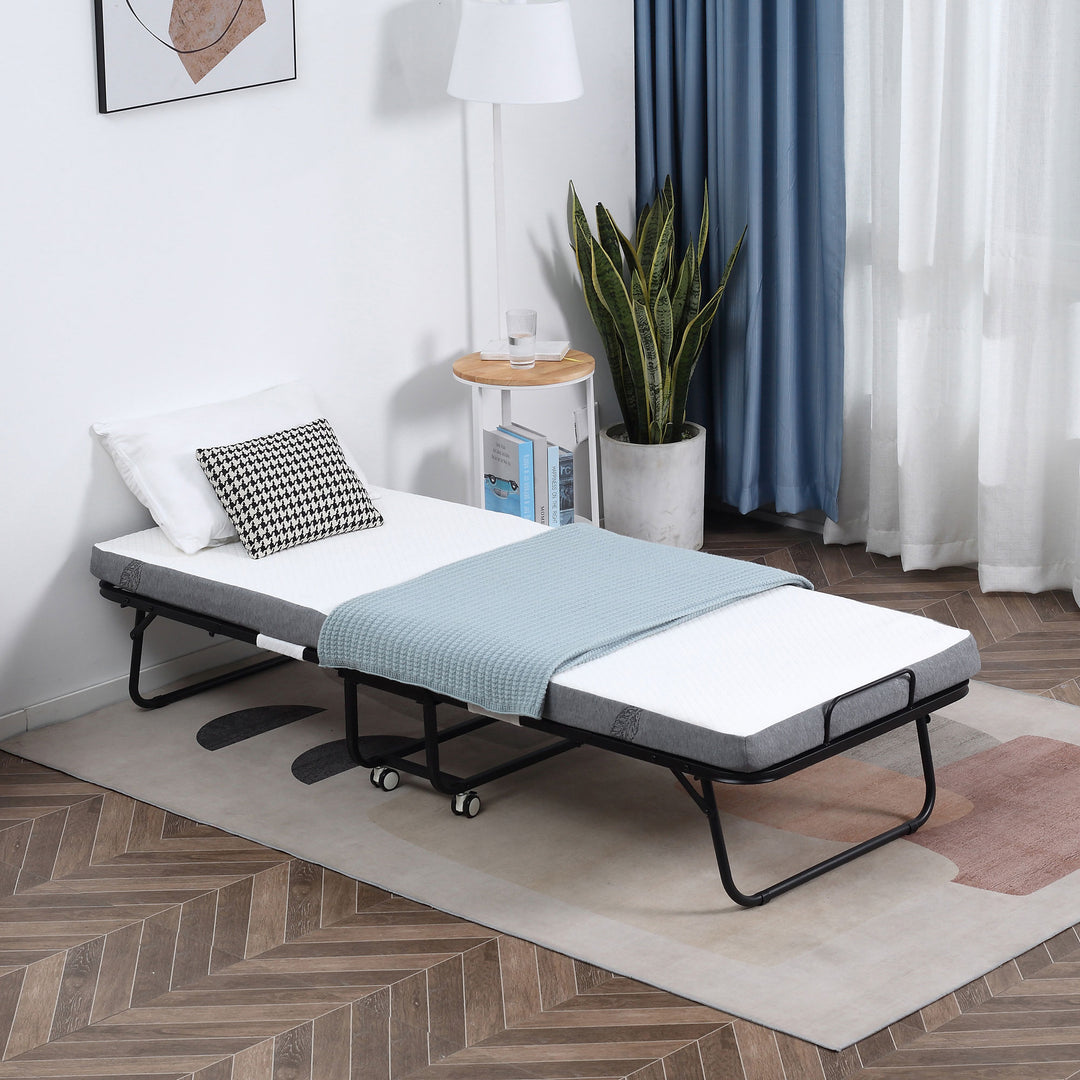 MCL Folding Bed with 10cm Mattress, Portable Foldable Guest Bed with Sturdy Metal Frame on Wheels