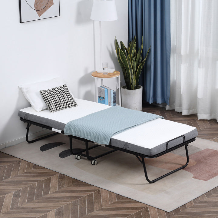 MCL Folding Bed with 10cm Mattress, Portable Foldable Guest Bed with Sturdy Metal Frame on Wheels