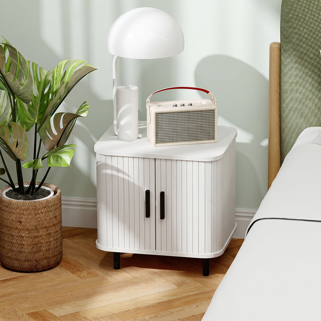 Nightstand with Sliding Doors and Metal Legs White Wood Effect