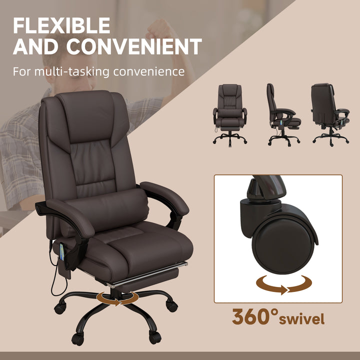 6-Point Massage Office Chair, PU Leather Desk Chair with Adjustable Height and Footrest for Home Office, Brown