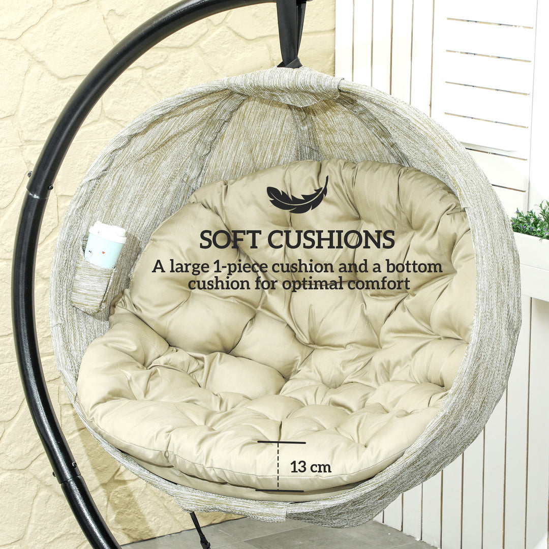 Hanging Egg Chair Outdoor Indoor Garden Swing Chair with Folding Basket, Garden Hanging Chair with Stand, Thickened Cushion, Cup Holder for Patio, Balcony, Khaki