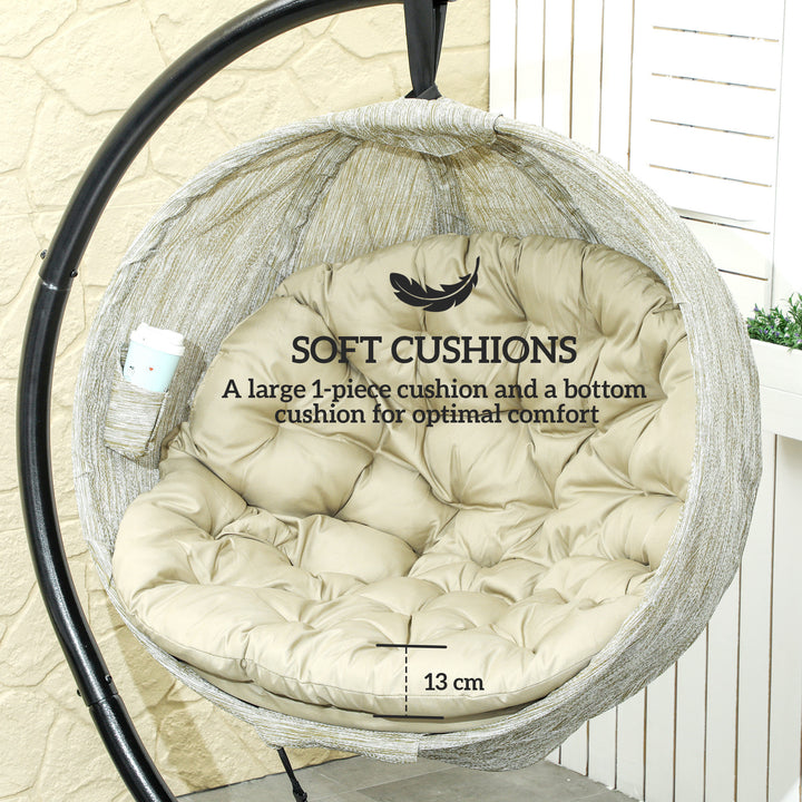 Hanging Egg Chair Outdoor Indoor Garden Swing Chair with Folding Basket, Garden Hanging Chair with Stand, Thickened Cushion, Cup Holder for Patio, Balcony, Khaki