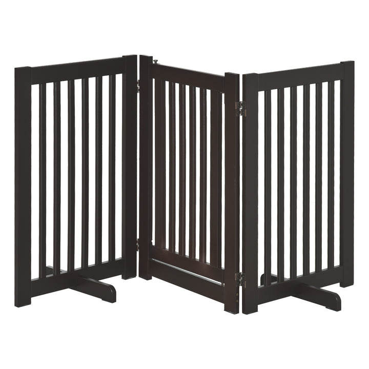 PawHut Pet Gate Freestanding Dog Gate For Stairs Wood Doorway Safety Pet Barrier Fence Foldable w/ Latch Feet Deep Brown, 155 x 76 cm | Aosom UK