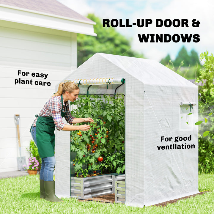 Small Greenhouse with Raised Garden Bed, Galvanised Walk-in Greenhouse with Roll Up Windows, 141 x 141 x 190 cm