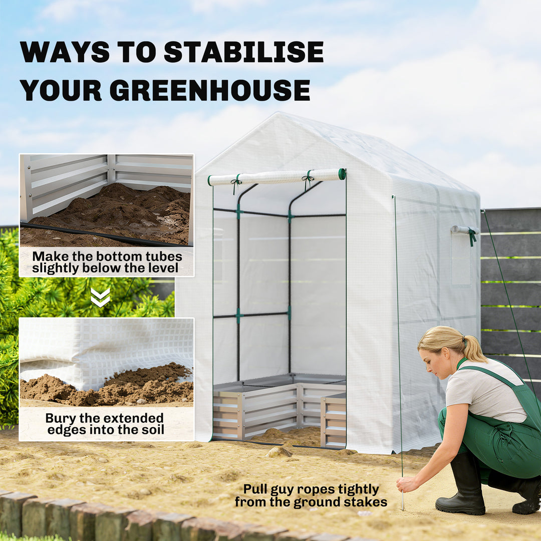 Small Greenhouse with Raised Garden Bed, Galvanised Walk-in Greenhouse with Roll Up Windows, 141 x 141 x 190 cm