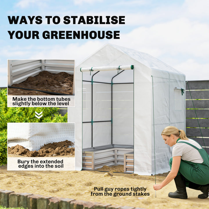 Small Greenhouse with Raised Garden Bed, Galvanised Walk-in Greenhouse with Roll Up Windows, 141 x 141 x 190 cm