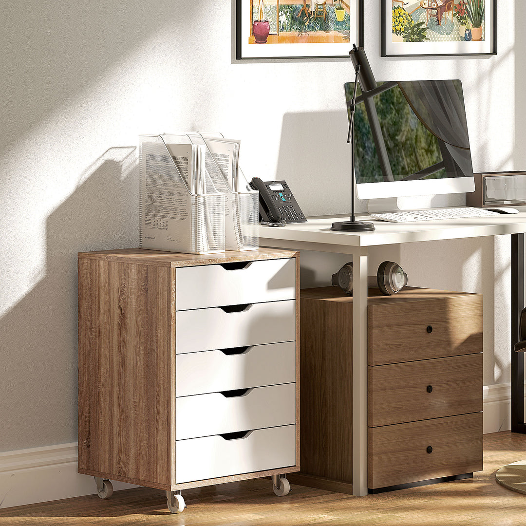 Five-Drawer Filing Cabinet, with Wheels - Oak Brown