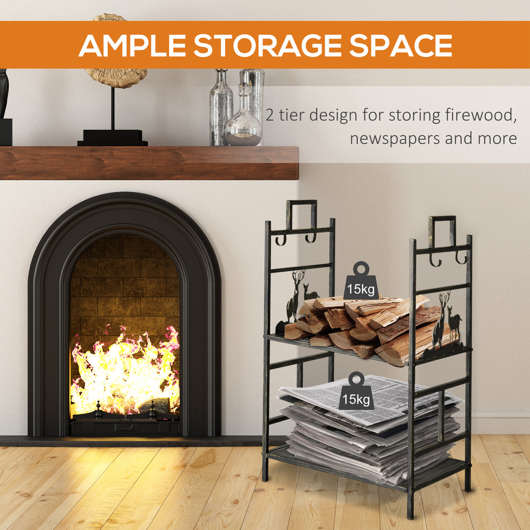 Metal Firewood Log Holder 2 Tier Firewood Rack Indoor Outdoor Fireplace Wood Storage Shelf with 4 Tools, Hooks, Elk Shape Design, Black Gold Tone, 51.5W x 33D x 77H cm