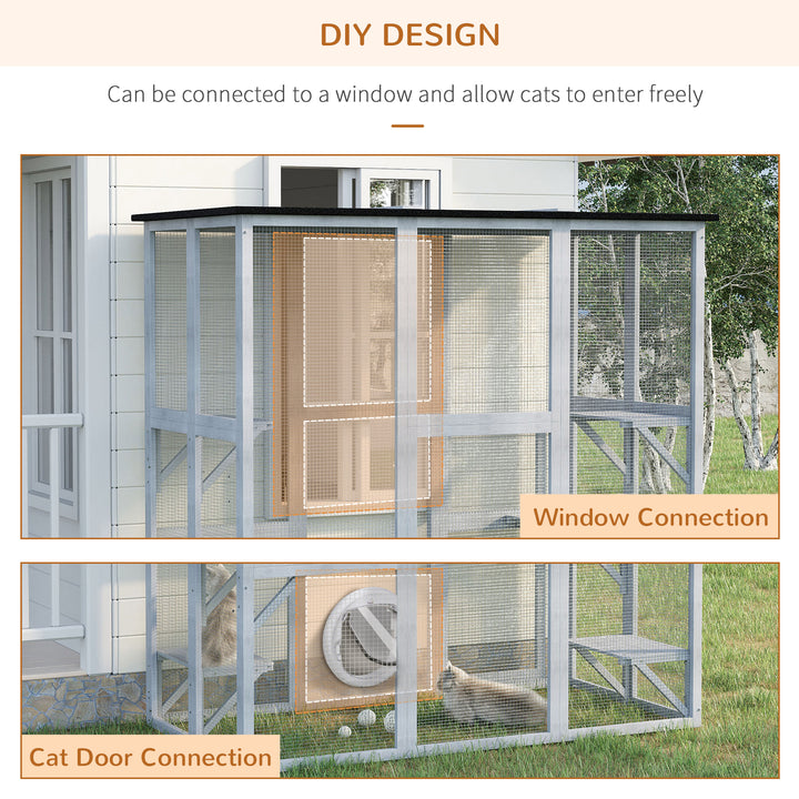 MCL Wooden Catio Cat Outdoor Enclosure, Cat Cage with Waterproof Roof, Platforms, for Multiple Kittens, 180 x 98 x 180 cm