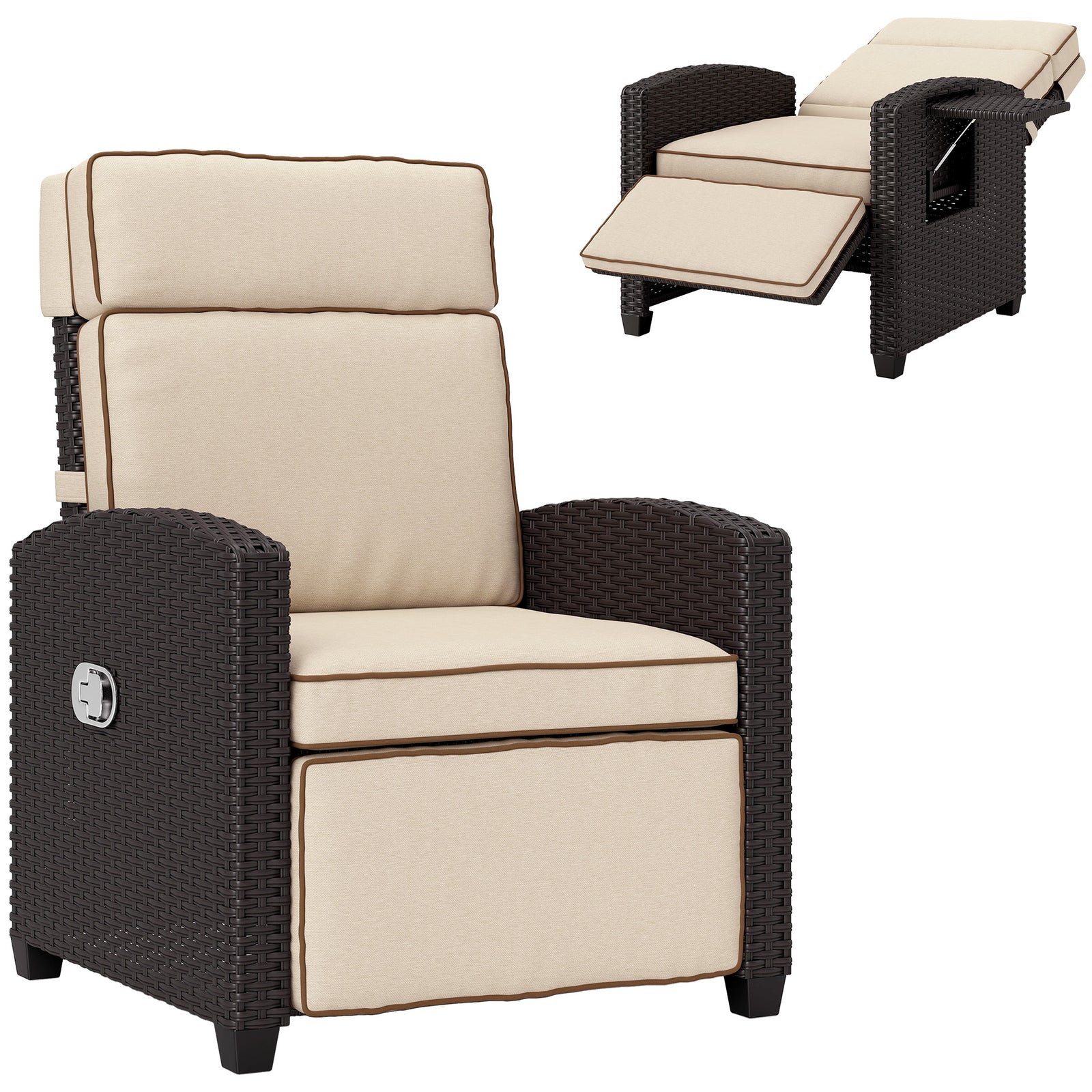 145° Reclining Rattan Armchair, with Footrest - Brown/Khaki