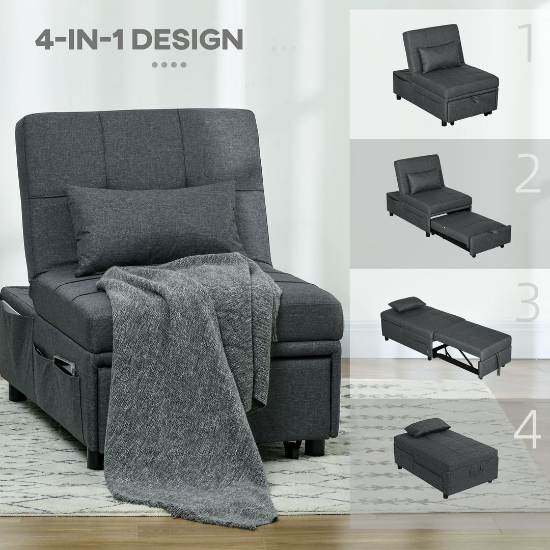 Convertible Chair Bed with Padding Seat, 4-in-1 Multi-Functional Sleeper Sofa Bed, Recliner with Adjustable Backrest, Side Pocket, Wheels and Pillow, for Living Room, Grey