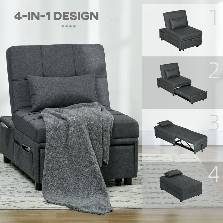 Convertible Chair Bed with Padding Seat, 4-in-1 Multi-Functional Sleeper Sofa Bed, Recliner with Adjustable Backrest, Side Pocket, Wheels and Pillow, for Living Room, Grey