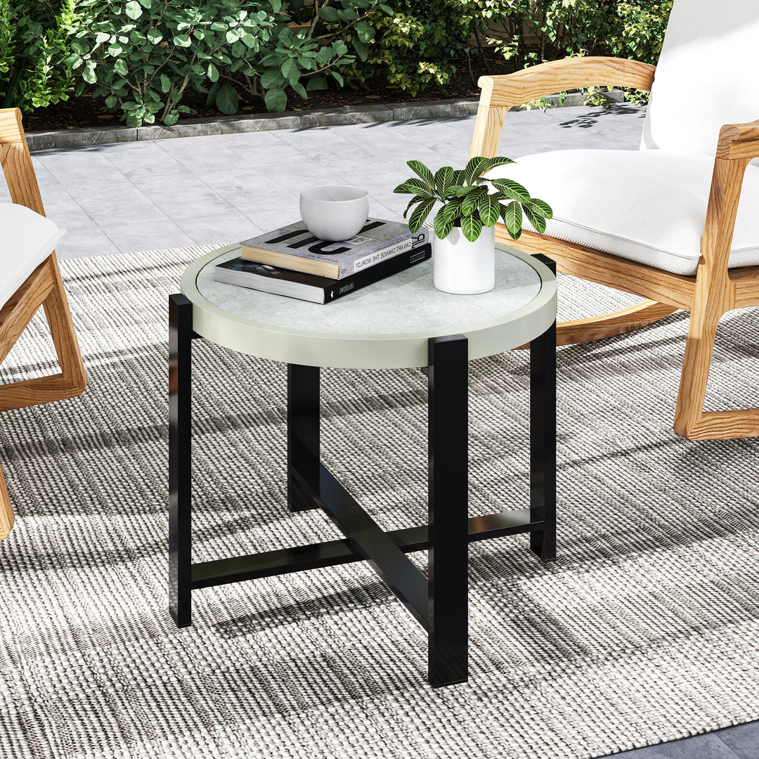 Round Small Garden Table, 60cm Outdoor Side Table with Faux Marble Tempered Glass Top, Aluminium Frame for Garden, Patio, Balcony, Light Grey