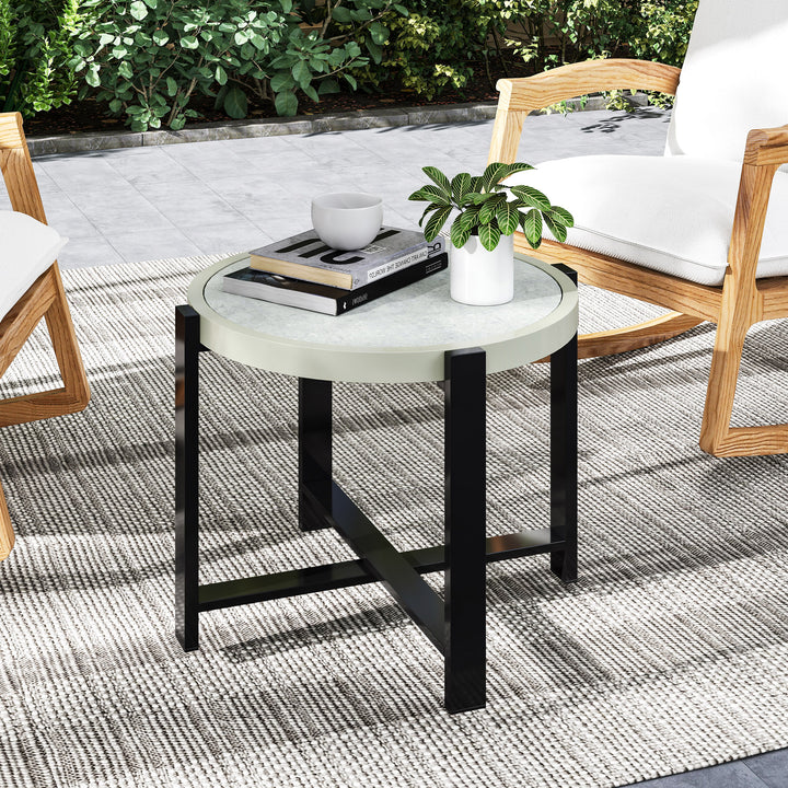 Round Small Garden Table, 60cm Outdoor Side Table with Faux Marble Tempered Glass Top, Aluminium Frame for Garden, Patio, Balcony, Light Grey
