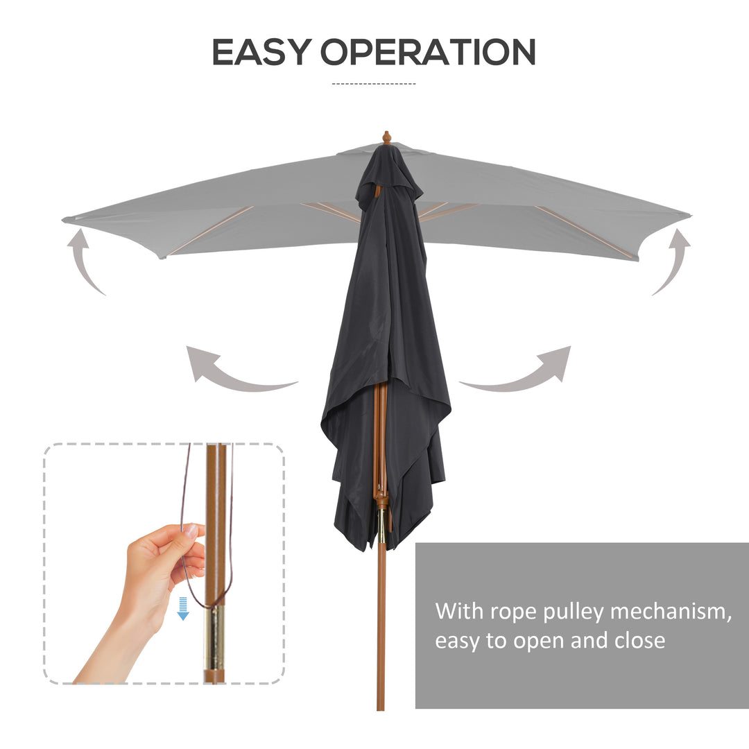 2 x 3m Wooden Garden Parasol Umbrella Outdoor Sun Shade Canopy, Dark Grey