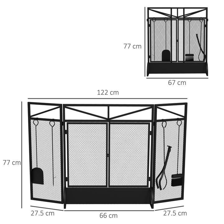 3 Panel Folding Fire Guard Screen with Fireplace Tool Sets and Front Doors, Freestanding Fire Screen Spark Guard with Feet for Open Fire, Log Burner, Fireplace, 122 x77 cm, Black