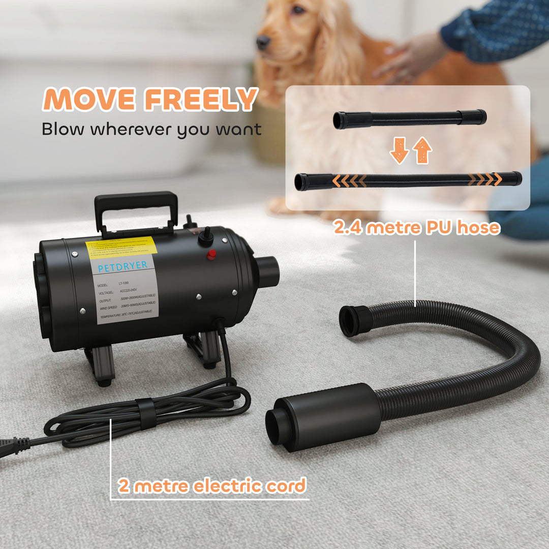 2200W Dog Hair Dryer with Adjustable Temperature & Velocity, 3 Different Nozzles, Black