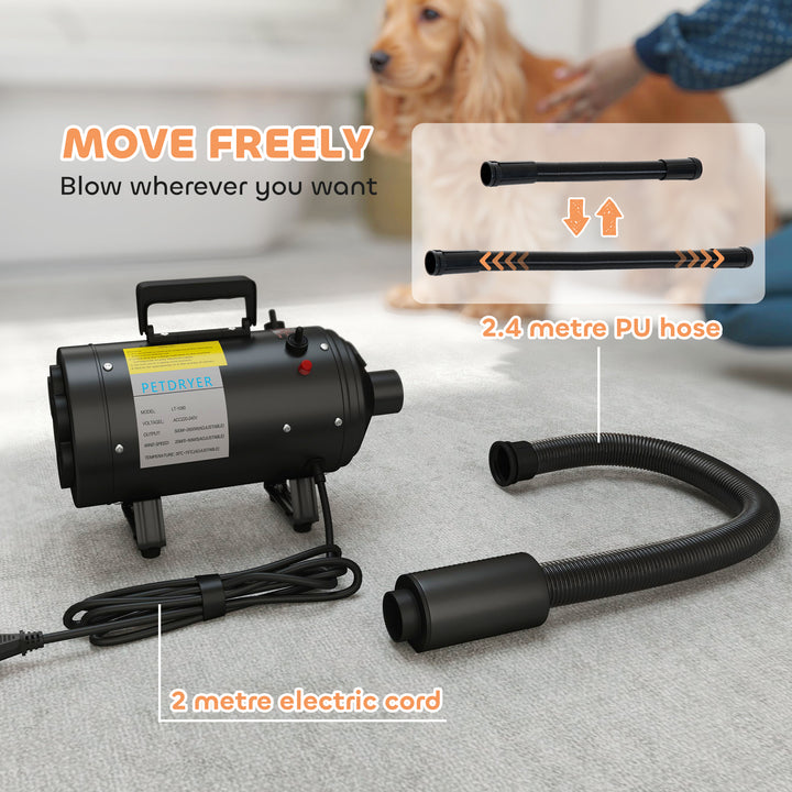 2200W Dog Hair Dryer with Adjustable Temperature & Velocity, 3 Different Nozzles, Black