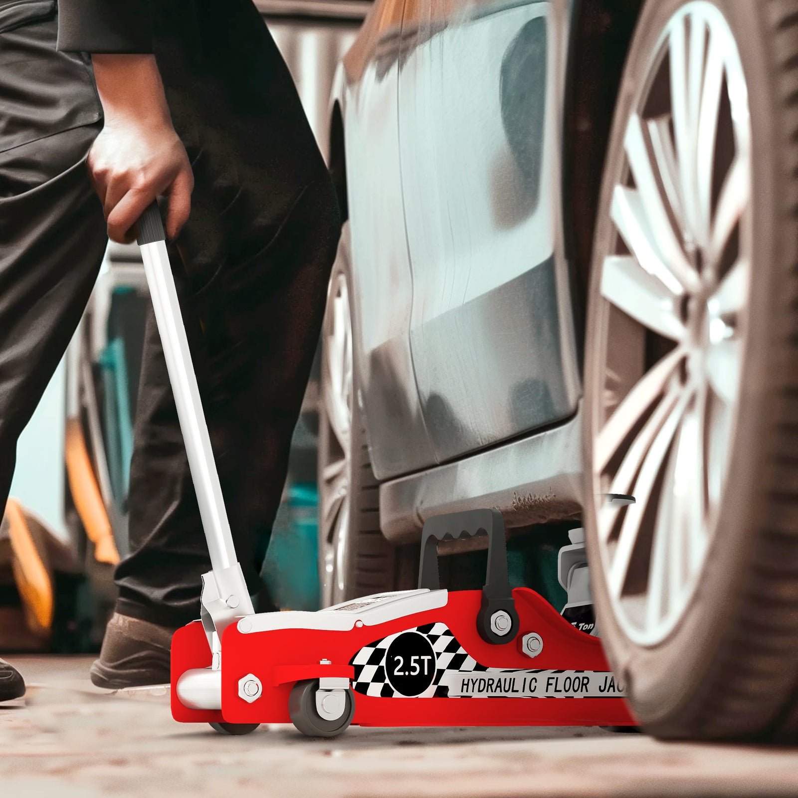 Hydraulic Low Profile Floor Jack, 2.5 Tonne Heavy Duty Steel Trolley Car Jack Lift with 80-360 mm Lifting Range, Wheels, Top Handle, Red