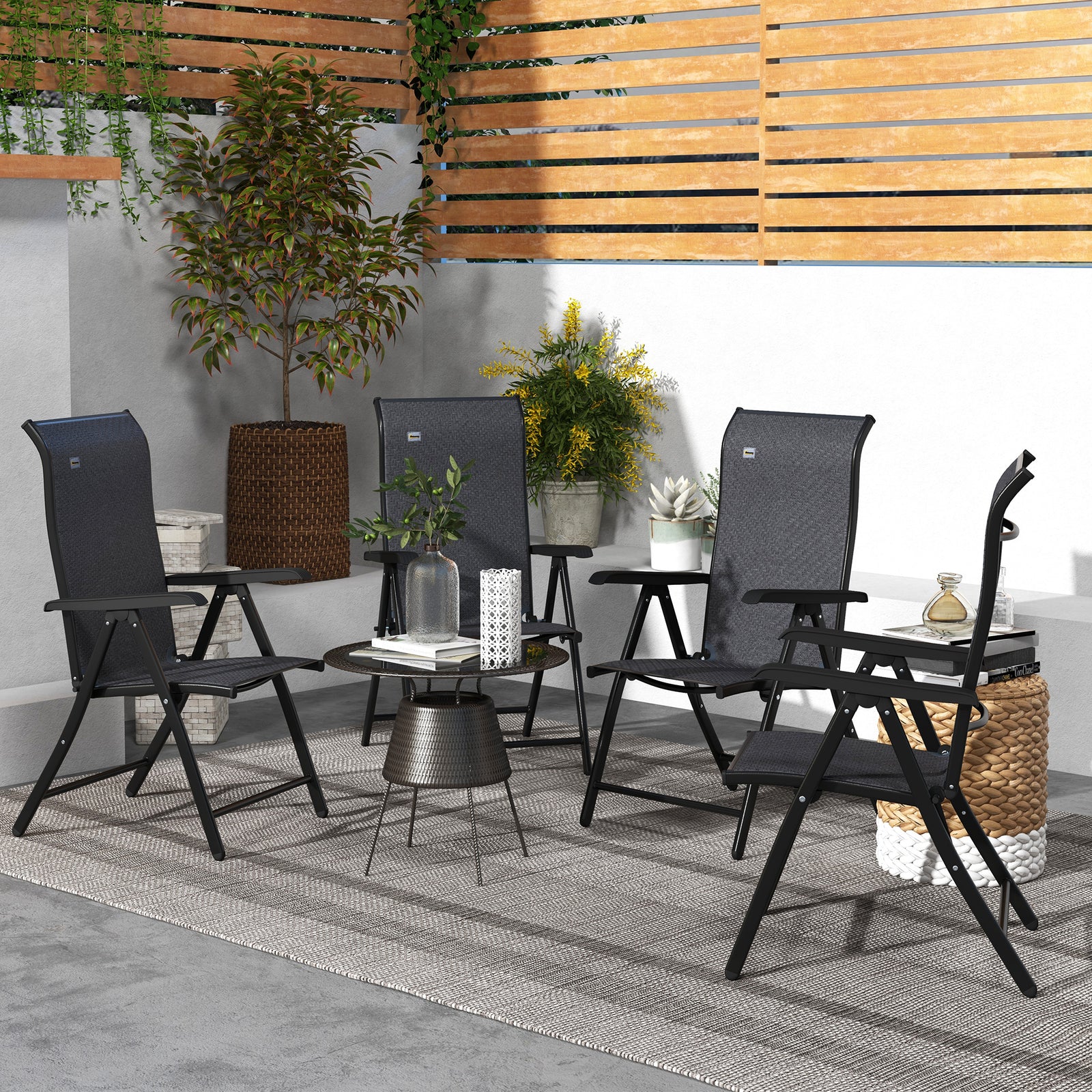 Set of Four Folding Garden Chairs, with Seven-Position Adjustable Backs, Grey