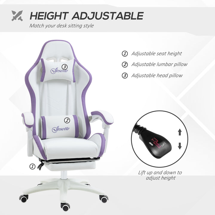 Computer Gaming Chair, PU Leather Office Desk Chair with Footrest, Swivel Wheels, 135° Reclining Back, Lumbar Support, Headrest for Home, White and Purple