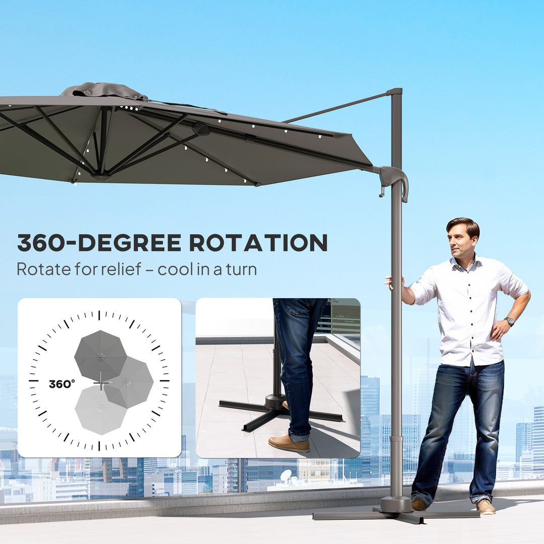 MCL 3(m) Cantilever Roma Parasol Patio Sun Umbrella with Crank & Tilt LED Solar Light Cross Base 360° Rotating Outdoor, Dark Grey