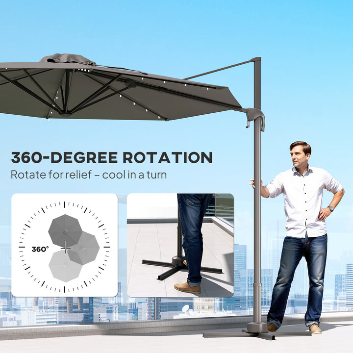 MCL 3(m) Cantilever Roma Parasol Patio Sun Umbrella with Crank & Tilt LED Solar Light Cross Base 360° Rotating Outdoor, Dark Grey