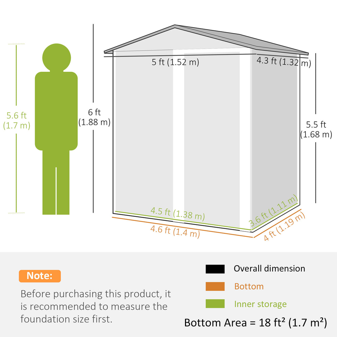 MCL Garden Metal Tool Storage Shed with Sliding Door, Sloped Roof and Foundation Kit, 152 x 132 x 188cm, Grey