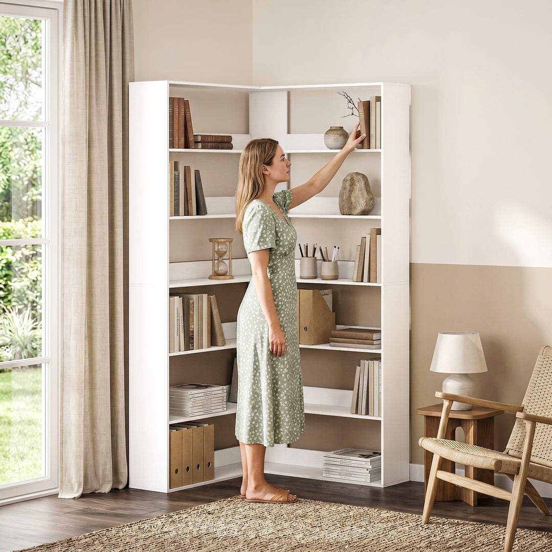 7 Tiers Bookshelf, L-Shaped Corner Bookcase with Anti-Slip Rear Guard,