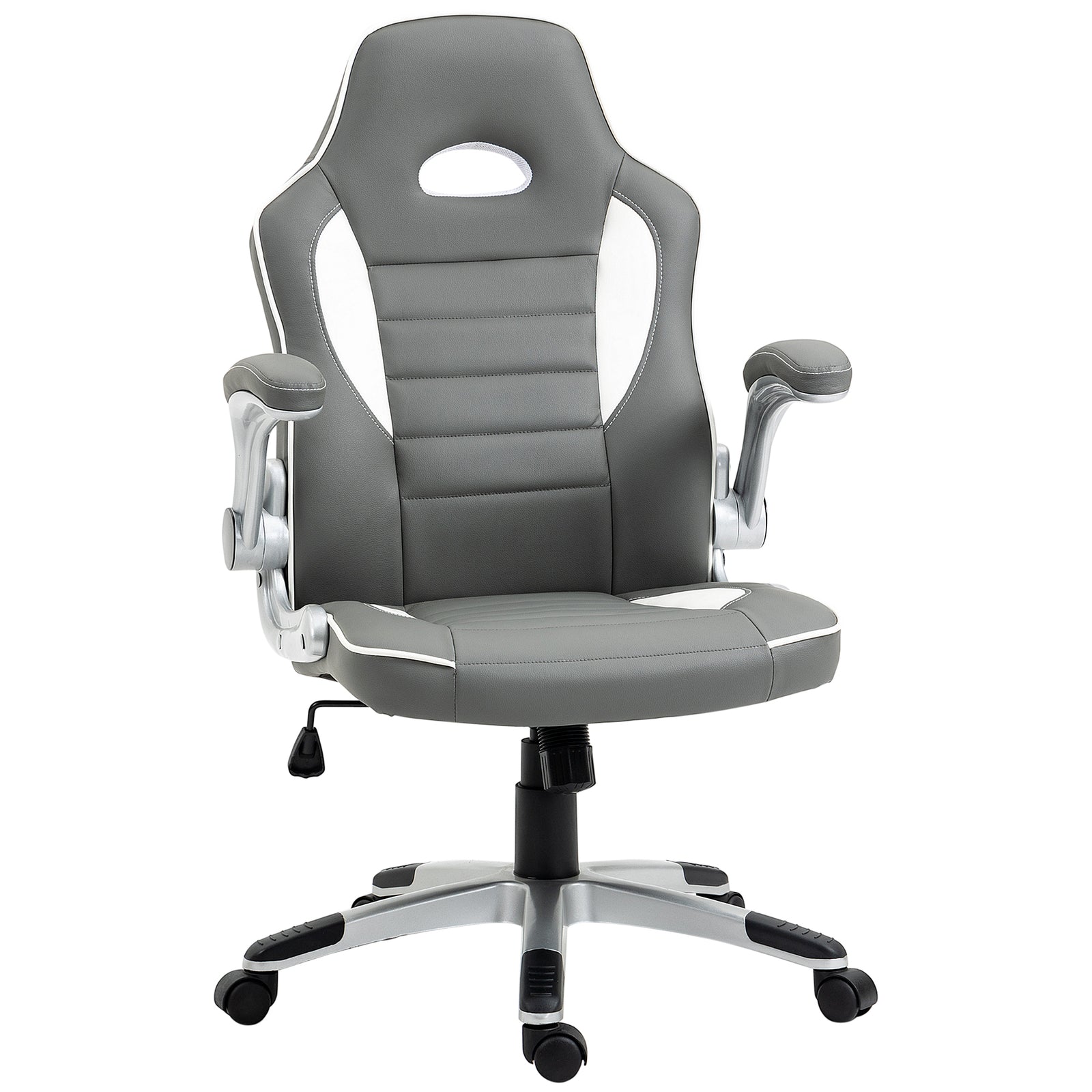 Computer Gaming Chair, Office Desk Swivel Chair, PU Leather Racing Chair with 90° Flip-up Armrest, Adjustable Height and Rolling Wheels, Grey