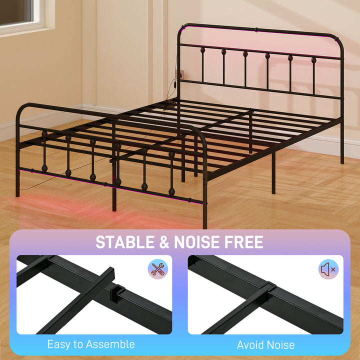 Double Bed Frame with LED Lights and Charging Station, Metal Platform Bed Frame with Under Bed Storage, Black