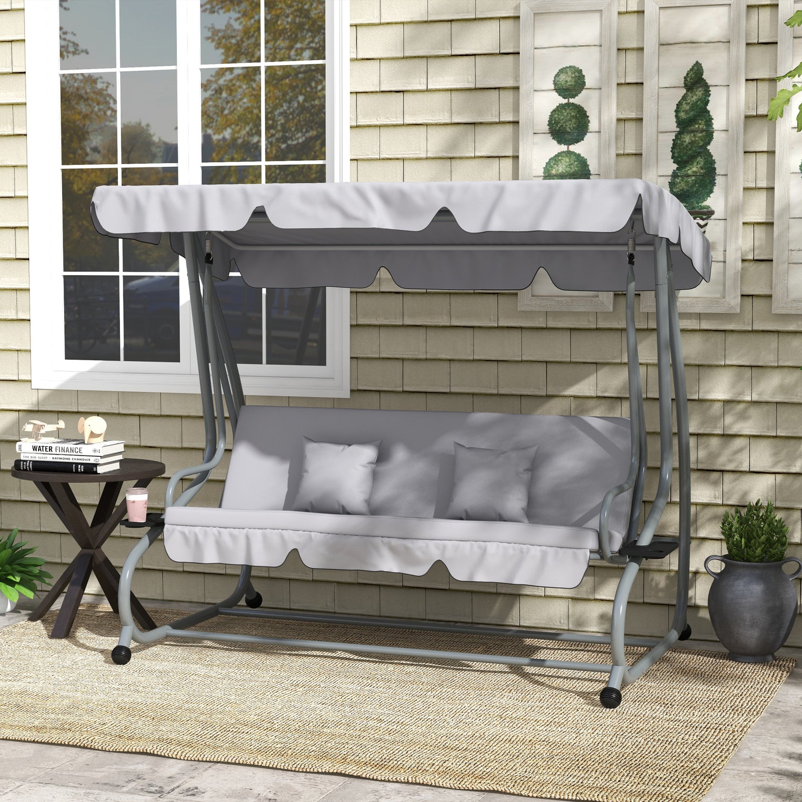 Three-Person garden Swing Chair, with Adjustable Canopy - Light Grey