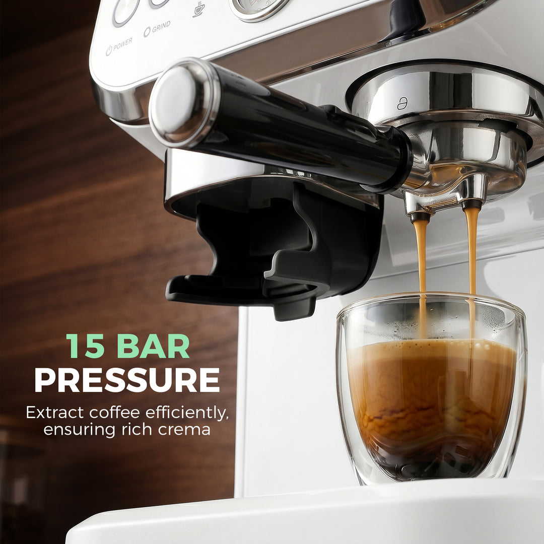 15 Bar Coffee Machine, with Adjustable Grind, Steamer and Accessories 