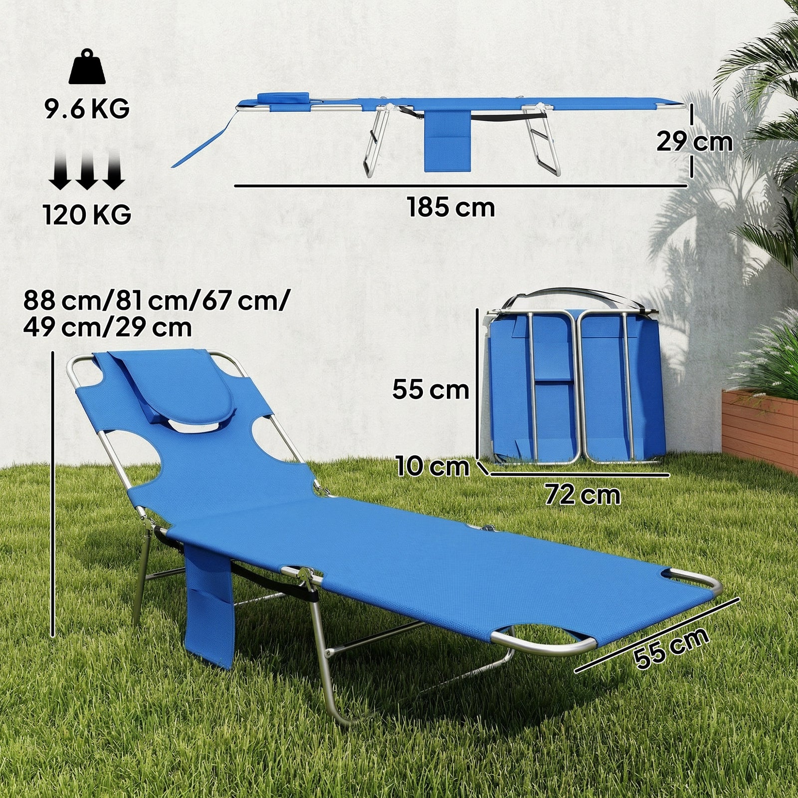 5-Position Adjustable Sun Loungers Set of 2 with Reading Hole and Side