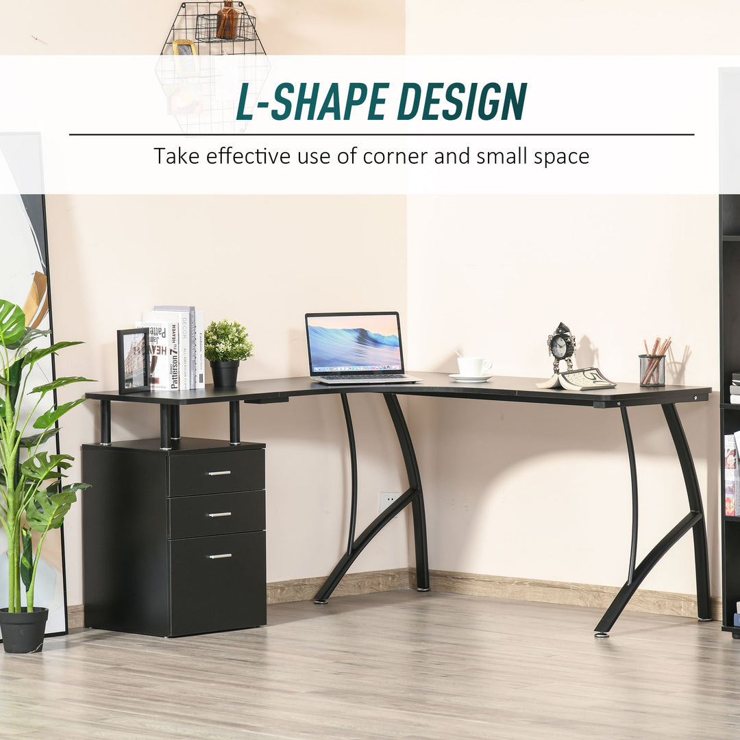 HOMCOM L-Shaped Computer Desk Table with Storage Drawer Home Office Corner Industrial Style Workstation, Black