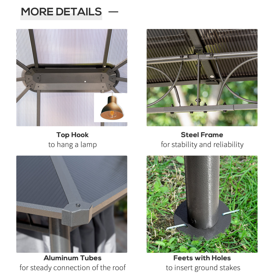 MCL 3 x 3.6m Hardtop Gazebo Canopy with Polycarbonate Roof, Permanent Pavilion Garden Gazebo with Curtains for Patio, Deck, Grey