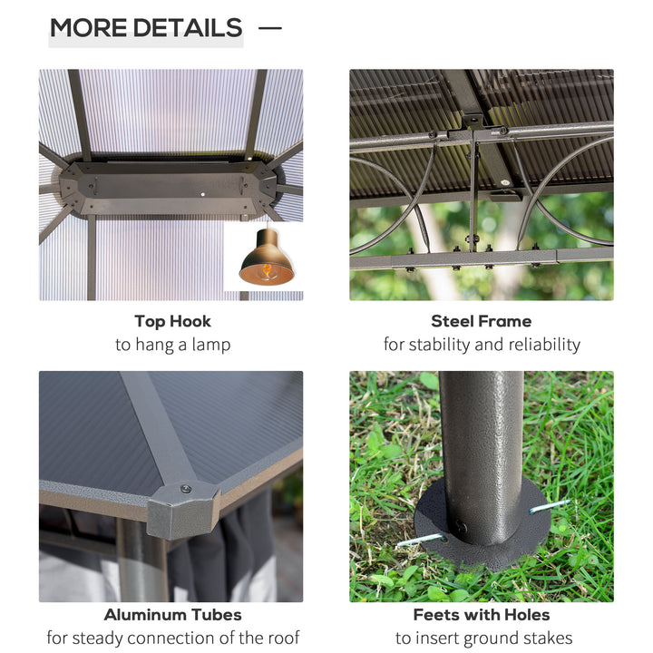 MCL 3 x 3.6m Hardtop Gazebo Canopy with Polycarbonate Roof, Permanent Pavilion Garden Gazebo with Curtains for Patio, Deck, Grey