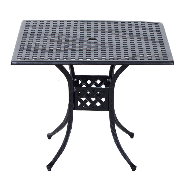 Outsunny Aluminium Square Garden Table with Parasol Hole, Grid Design Outdoor Dining Table for Patio, 90cm, Black | Aosom UK