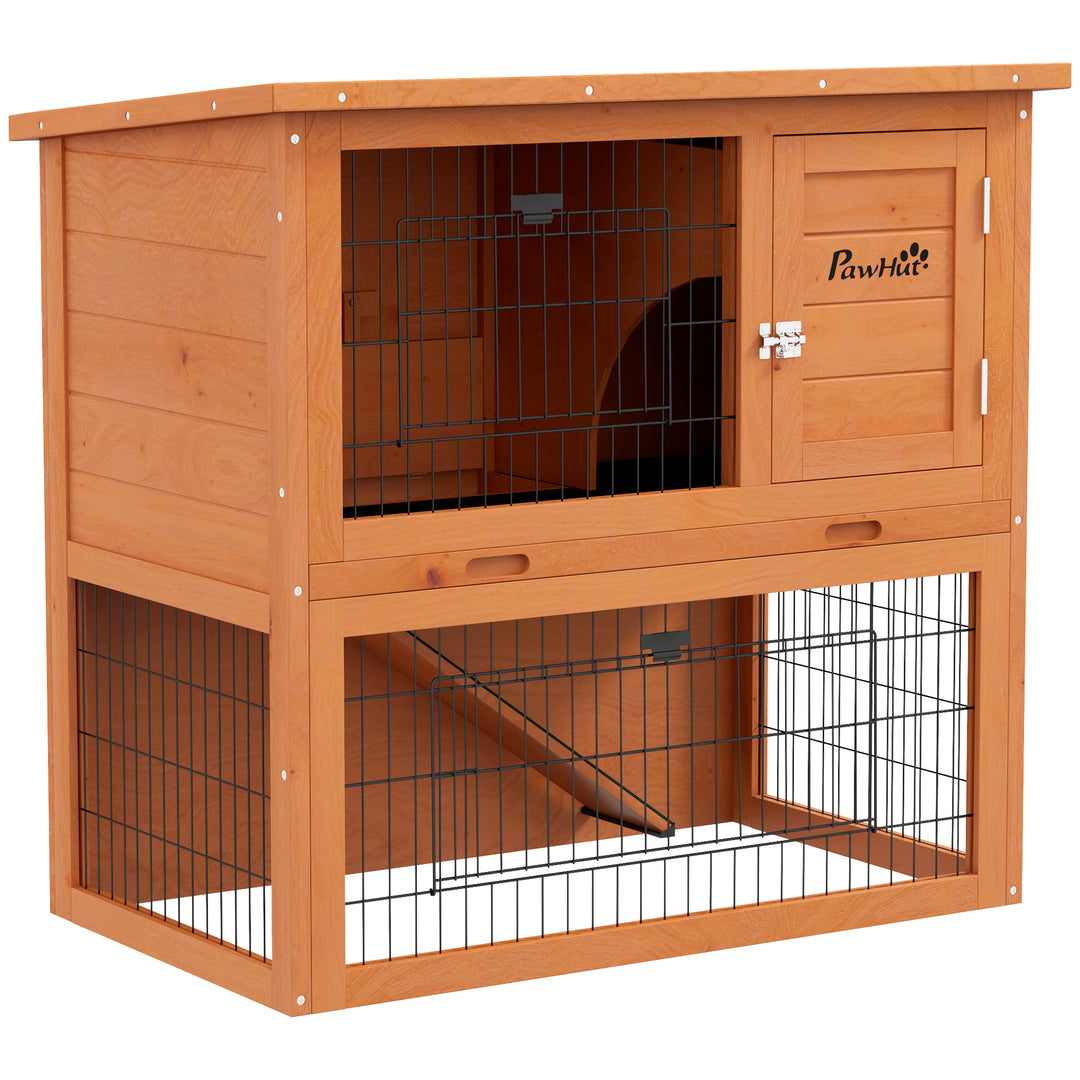 Two-Tier Antiseptic Wood Rabbit Hutch, 80cm Guinea Pig Hutch with Run - Orange