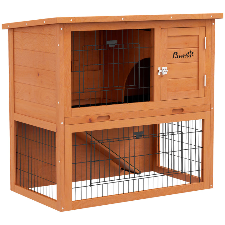 Two-Tier Antiseptic Wood Rabbit Hutch, 80cm Guinea Pig Hutch with Run - Orange