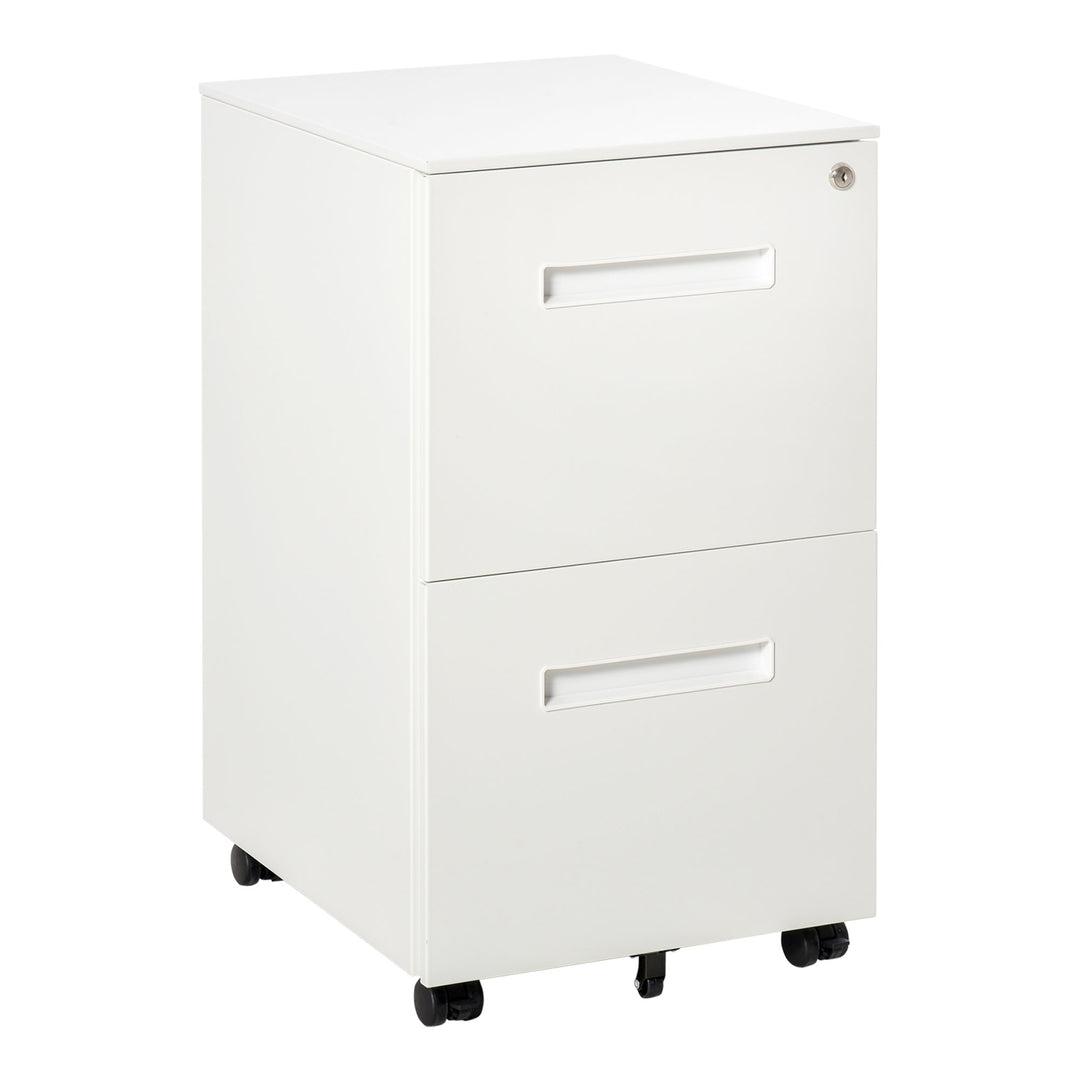 Metal Mobile File Cabinet with Wheels, Lockable 2 Drawer Filing Cabinet for A4, Legal, Letter, Compact Under Desk Storage Unit with Pre-Assembled Body for Home Office, 39 x 48 x 67cm, White