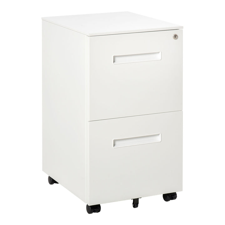 Metal Mobile File Cabinet with Wheels, Lockable 2 Drawer Filing Cabinet for A4, Legal, Letter, Compact Under Desk Storage Unit with Pre-Assembled Body for Home Office, 39 x 48 x 67cm, White