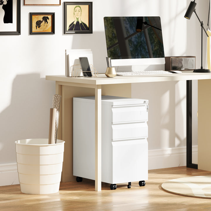 3-Drawer Steel Filing Cabinet with Lock and Wheels - White