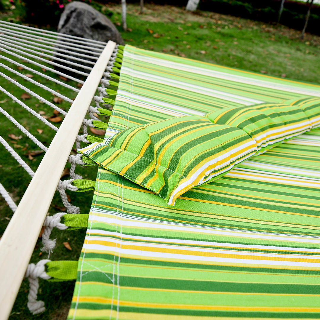 Double Cotton Hammock Camping Swing Outdoor Garden Beach Stripe Hanging Bed with Pillow, 188 x 140 cm, 180 KG Capacity, Green