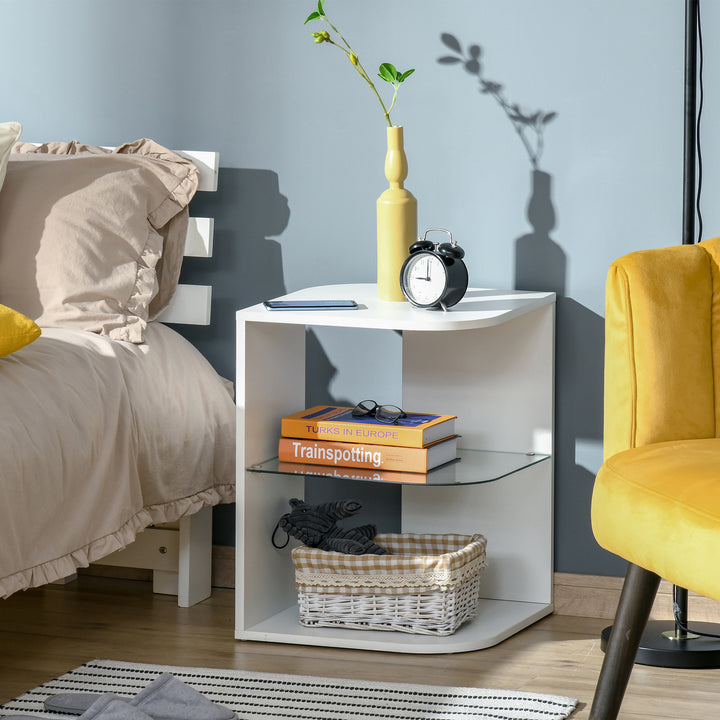 HOMCOM Bedside Cabinet: Sleek Three-Tier Unit with Shelving, Nightstand for Bedroom & Living Spaces, Crisp White | Aosom UK