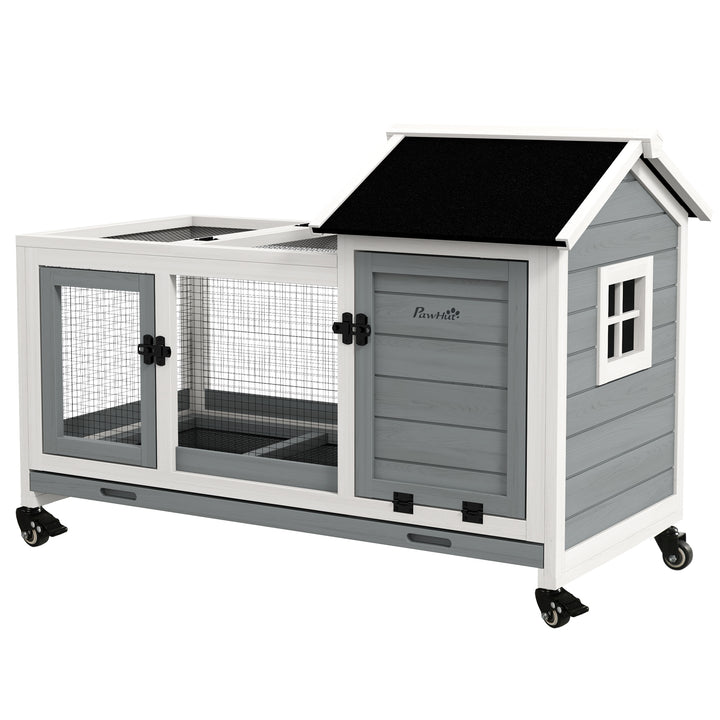 PawHut Wooden Rabbit Hutch, Guinea Pig Cage, with Removable Tray, Wheels - Grey